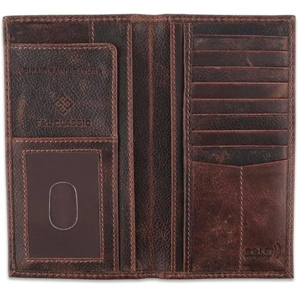 Classic Men's RFID Vintage Look Genuine Leather Long Bifold Wallet